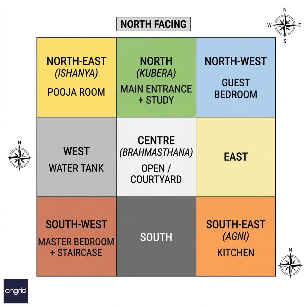 Vastu zone overlay on a 60x60 north facing plot — correct placement for kitchen, pooja, master bedroom, and living room