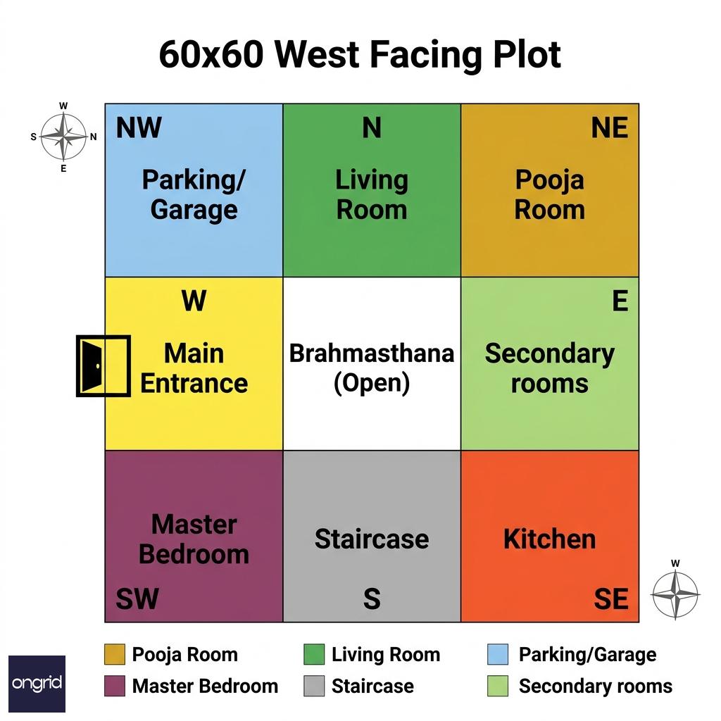 Vastu grid for a west facing 60x60 home showing zone placements