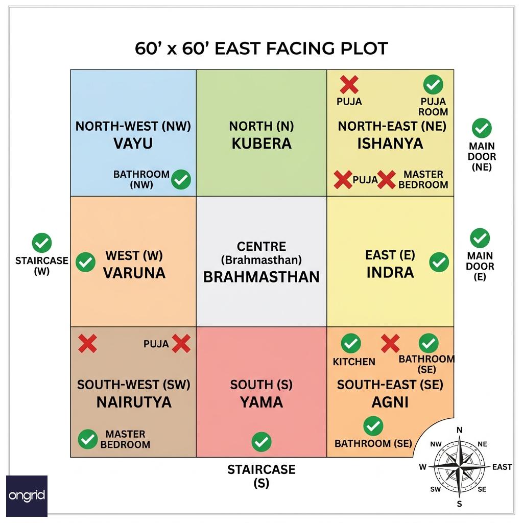 Vastu zone grid overlay on a 60x60 east facing plot showing directional zone allocations applied consistently across all four floors of the G+3 structure