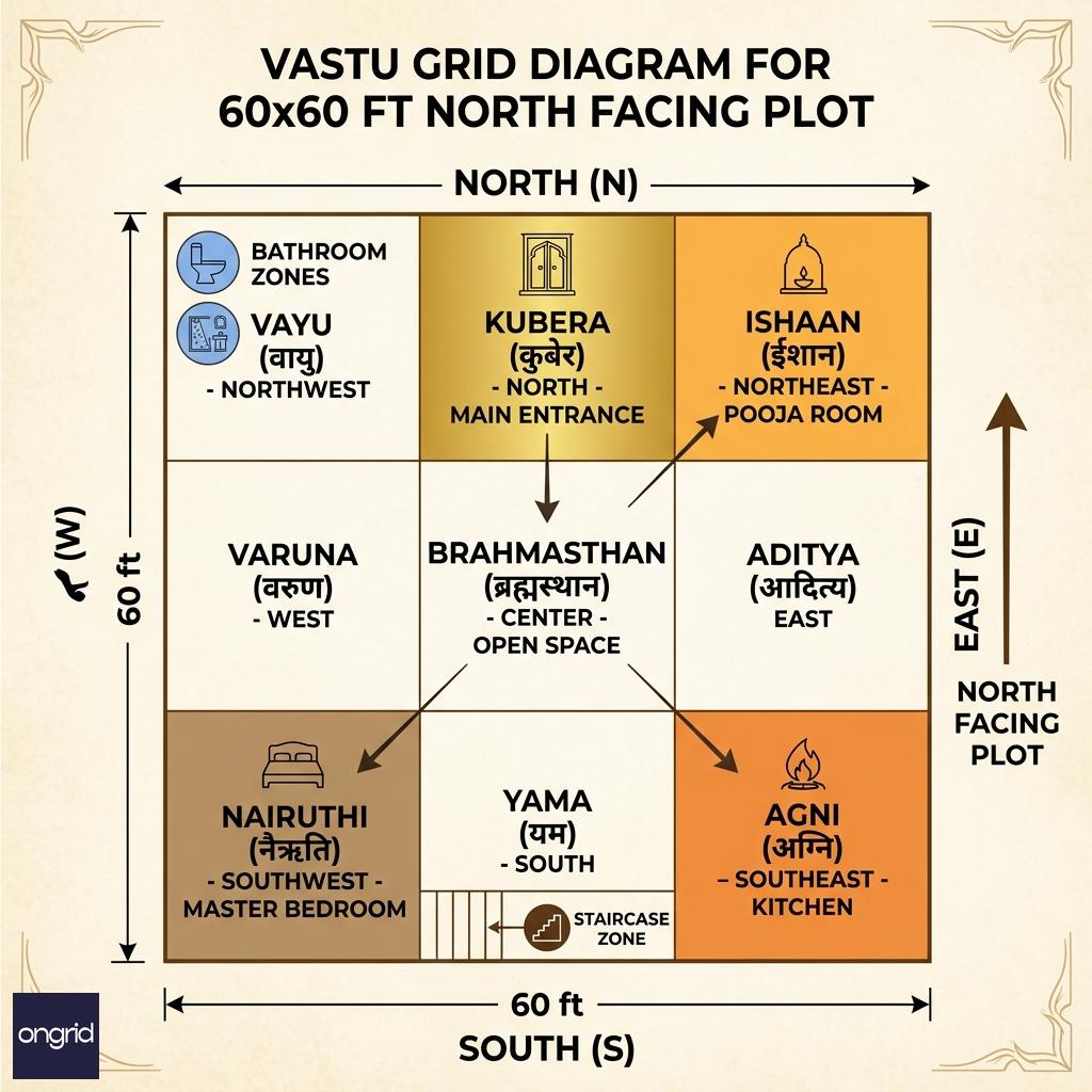 Vastu grid diagram for 60x60 north facing house plan showing directional zone assignments