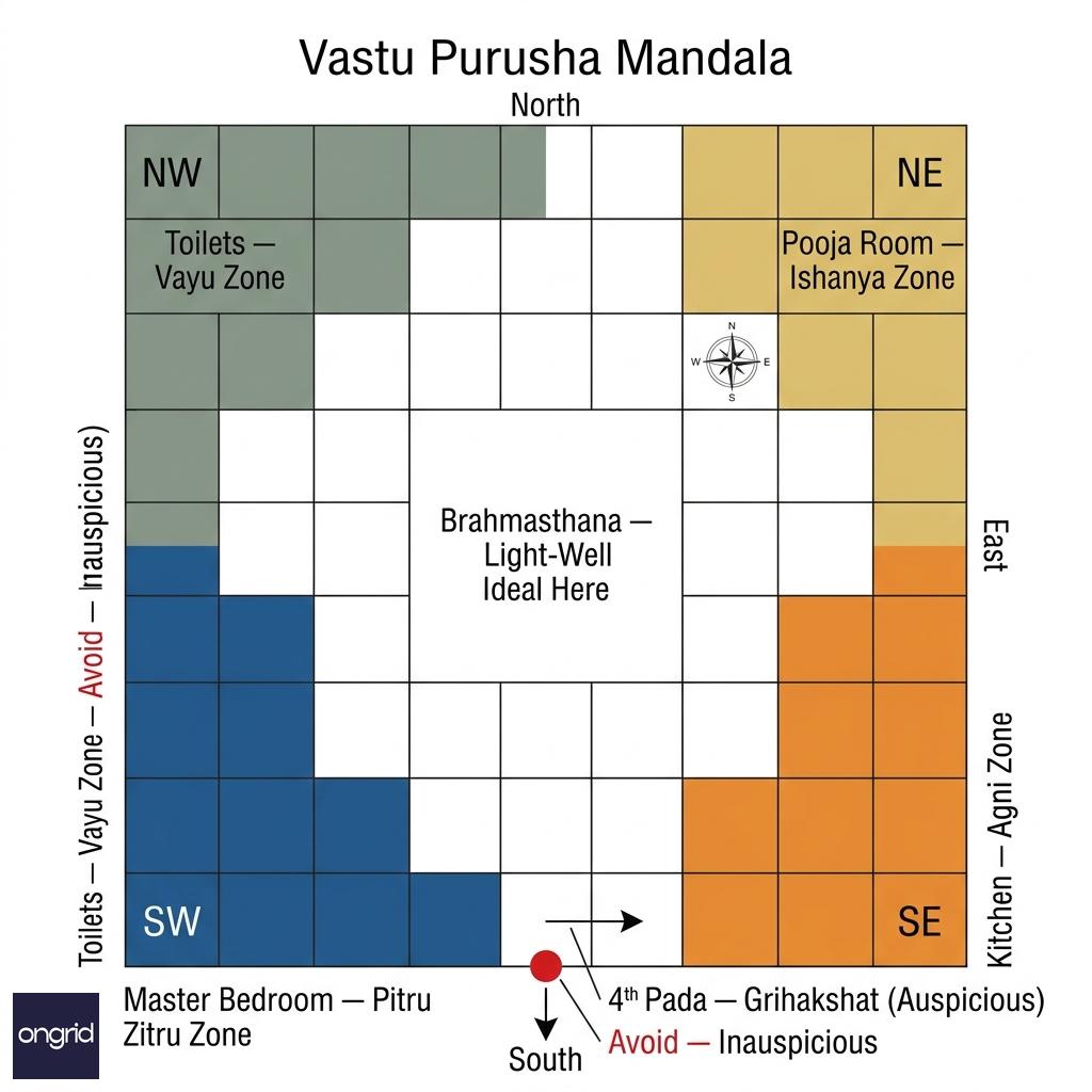Vastu grid mandala overlaid on a square 60x60 south-facing plot with colour-coded zones: green for ideal room placement, yellow for permitted, red for zones to avoid for main entry