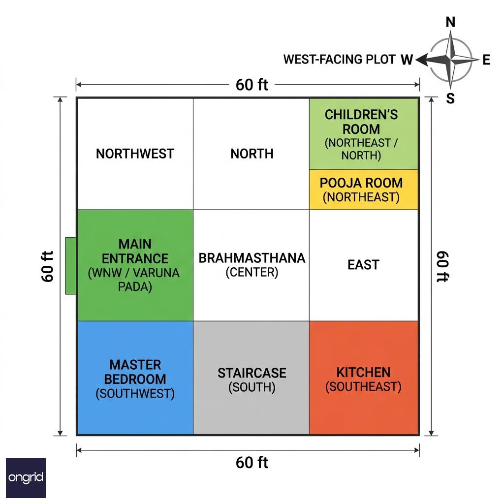 Vastu grid overlay for the 60x60 west-facing 4-floor house plan