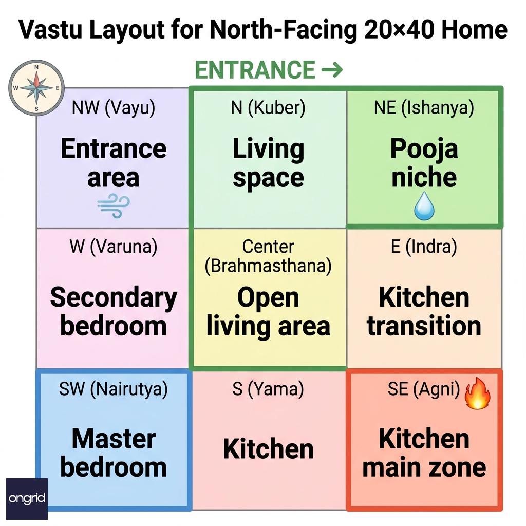 Vastu directional grid showing room placements for North-facing 20x40 home