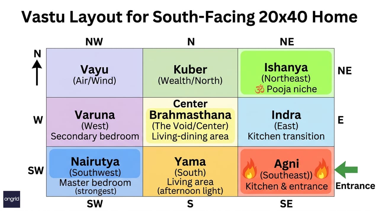 Vastu directional grid showing room placements for South-facing 20x40 home