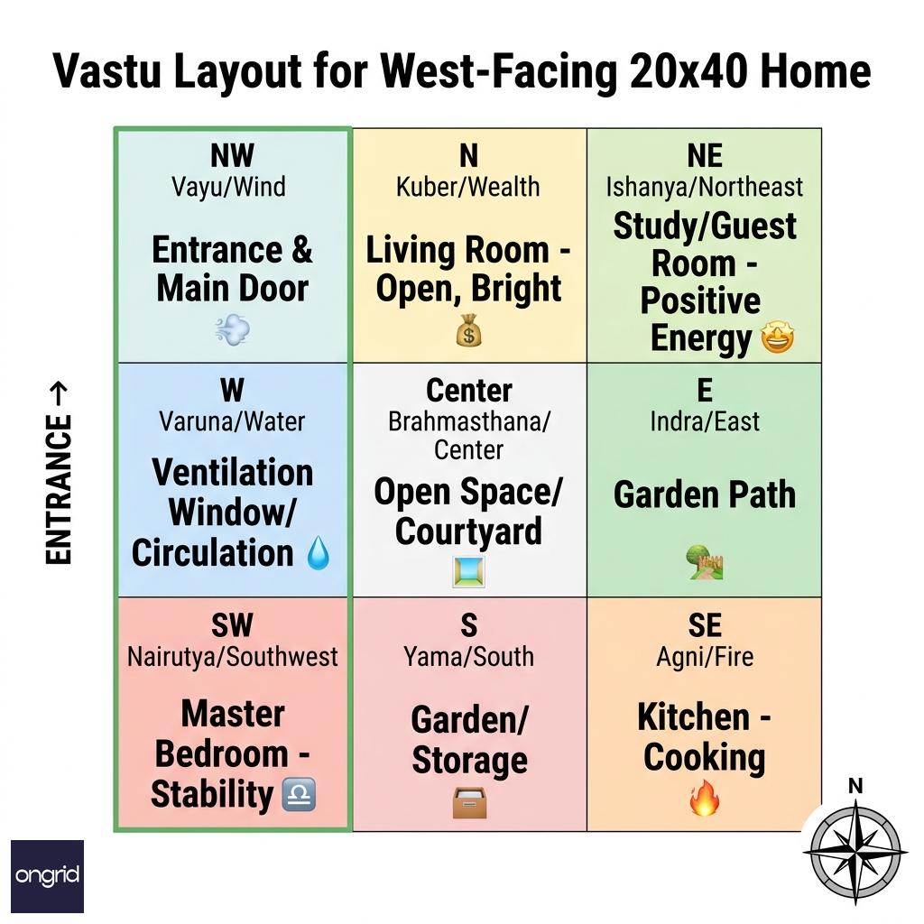Vastu directional grid showing room placements for west-facing home