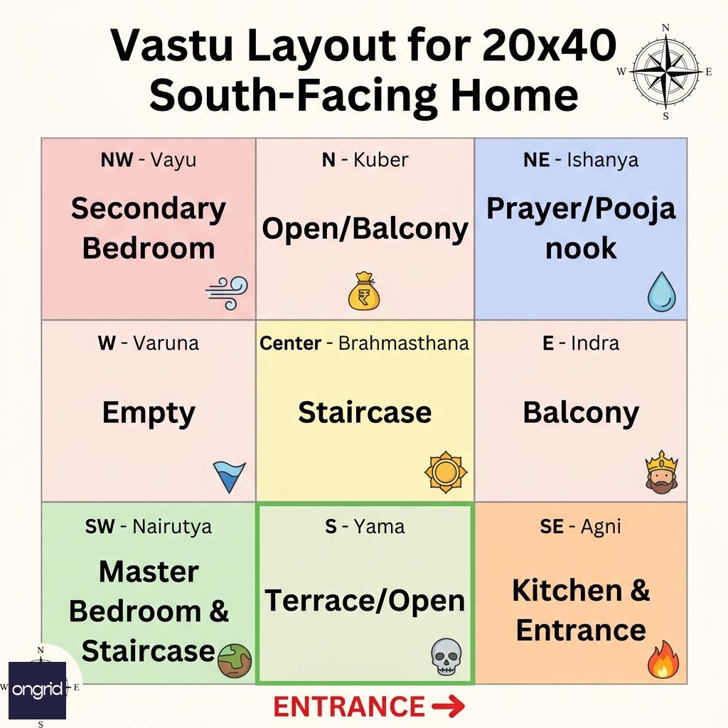 Vastu directional grid showing room placements for South-facing 20x40 home