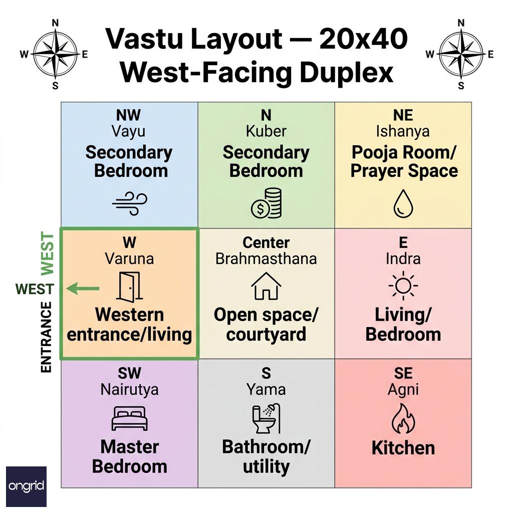 Vastu purusha mandala grid for west-facing home showing directional room placements