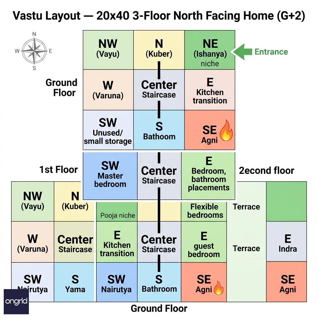 Vastu directional grid showing room placements for North-facing 20x40 home