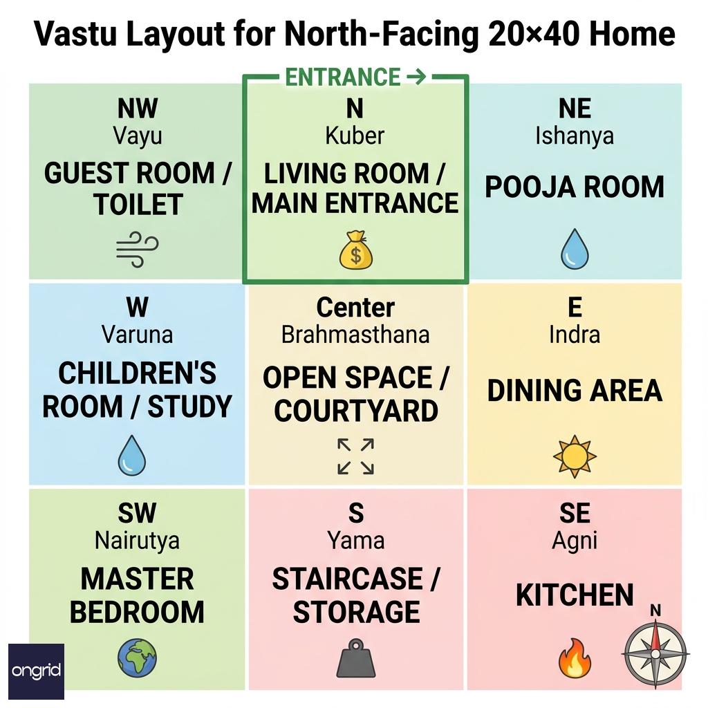 Vastu directional grid showing room placements for North-facing 20x40 home