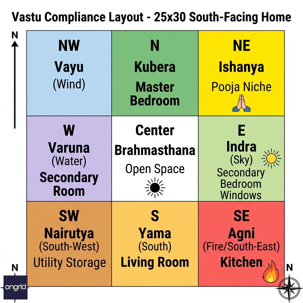 Vastu grid for 25x30 south-facing home showing directional placement