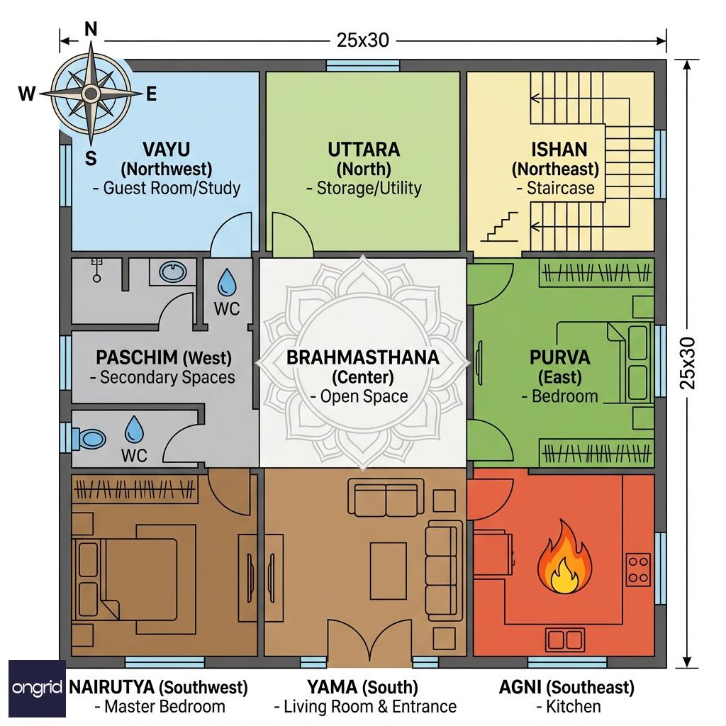 Vastu directional grid overlay on 25x30 south-facing home, showing northeast staircase, east bedroom, southeast kitchen with Agni symbol, south/southwest living and master, compass rose in corner, color-coded zones (northeast yellow, east green, southeast red, south brown, etc.), labeled infographic