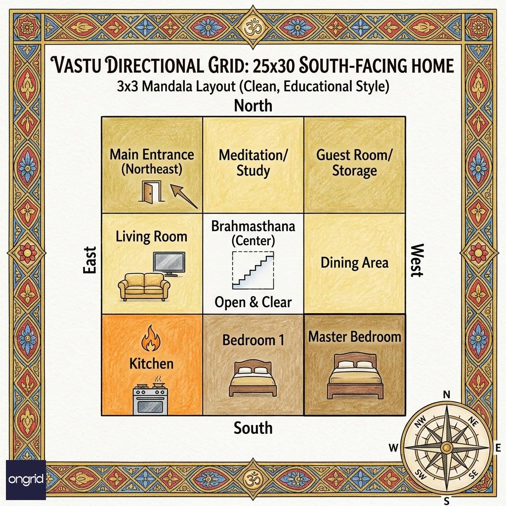 Vastu directional grid and room placement diagram for 25x30 south-facing home, northeast entrance marked, southeast kitchen with fire symbol, southwest master bedroom marked, center staircase, compass rose, 3x3 grid overlay, vastu mandala illustration