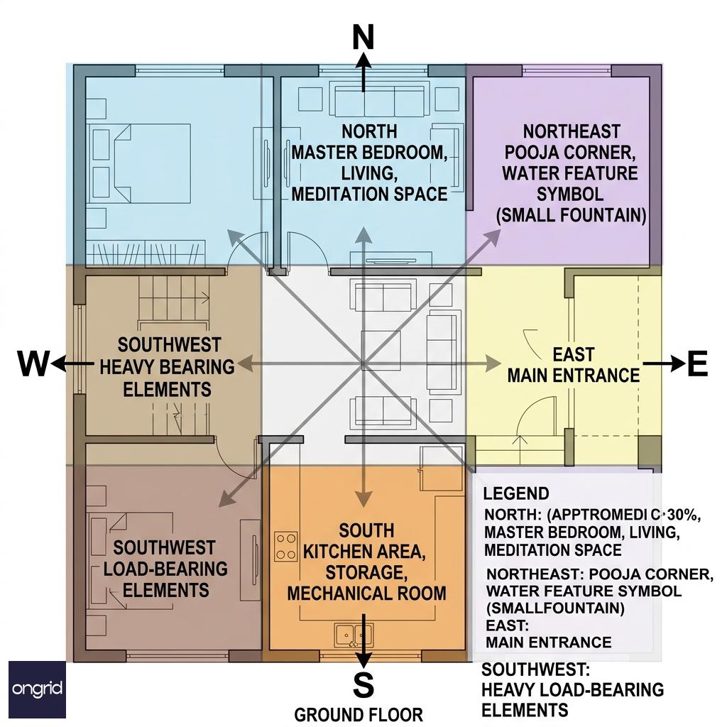 Vastu grid overlay on the 25x30 floor plan, showing cardinal directions and room placement recommendations