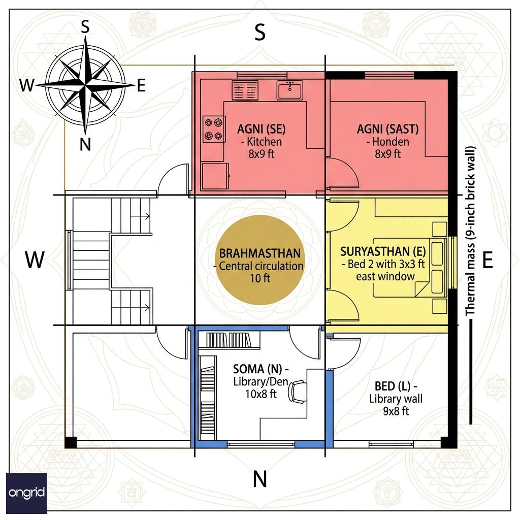 Vastu grid overlay showing Agni kitchen, Soma library, and Brahmasthan circulation