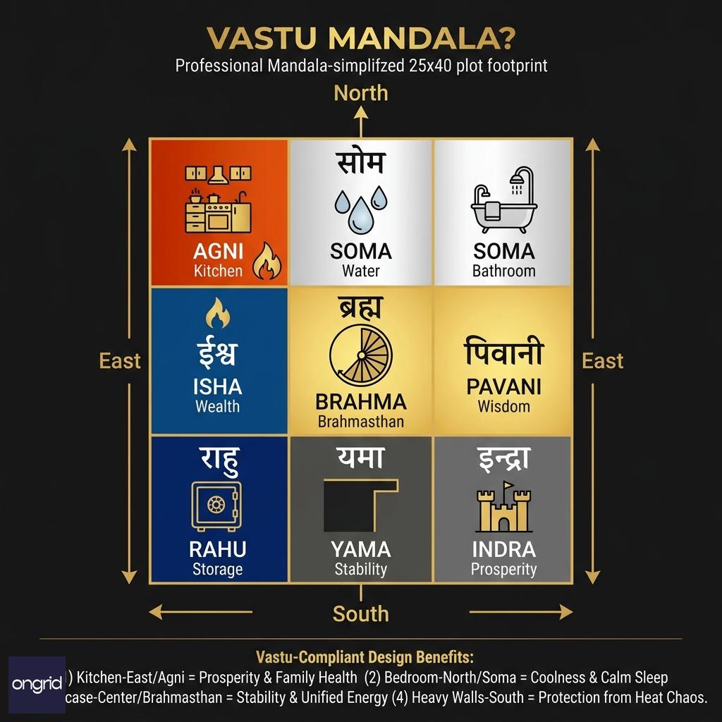 Vastu Mandala grid for 25x40 south-facing plot