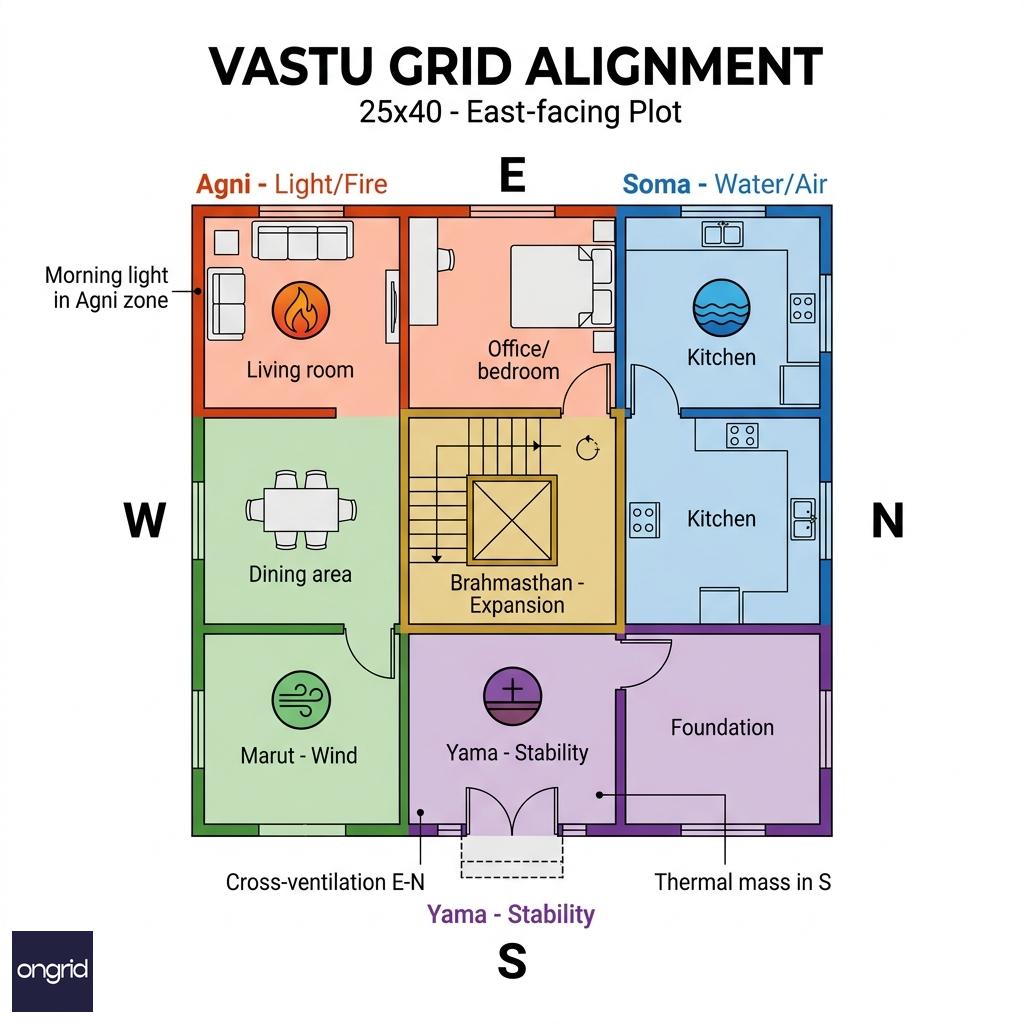 Vastu grid alignment for 25x40 east-facing plot showing cardinal directions and zones