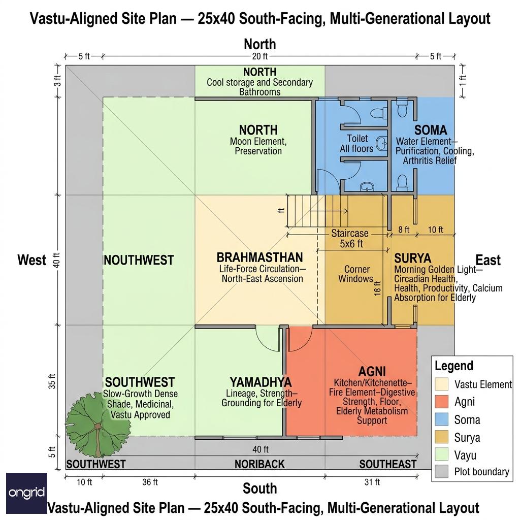 Vastu-aligned site plan showing tree placement, staircase orientation, and corner windows