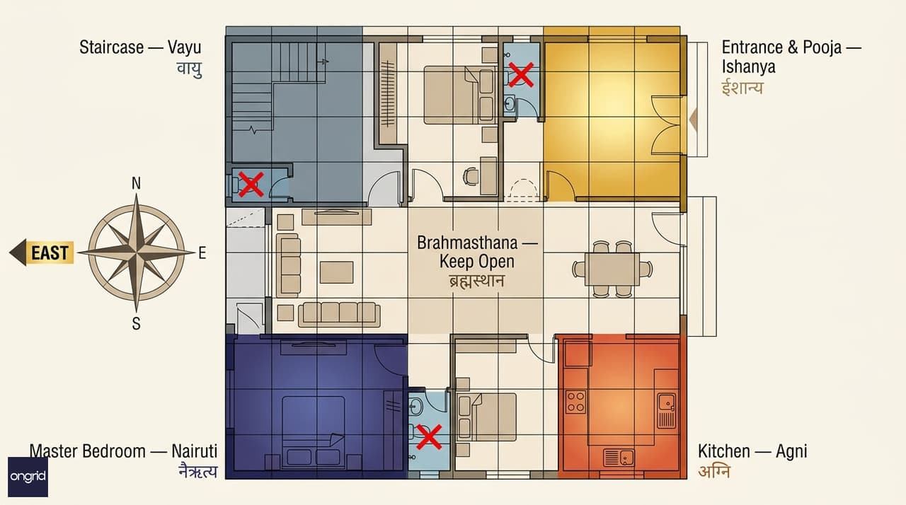 Vastu grid overlay on 30x40 east facing G+3 floor plan showing NE entrance, SE kitchen, SW master and NW staircase placements