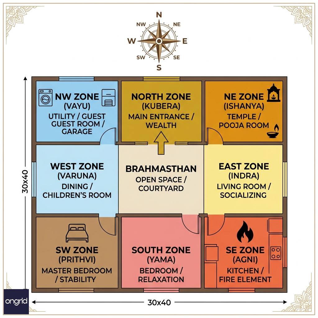 Vastu zone grid overlaid on a 30x40 north-facing single-floor layout showing Kubera north, Ishanya NE, Agni SE, and Prithvi SW zones