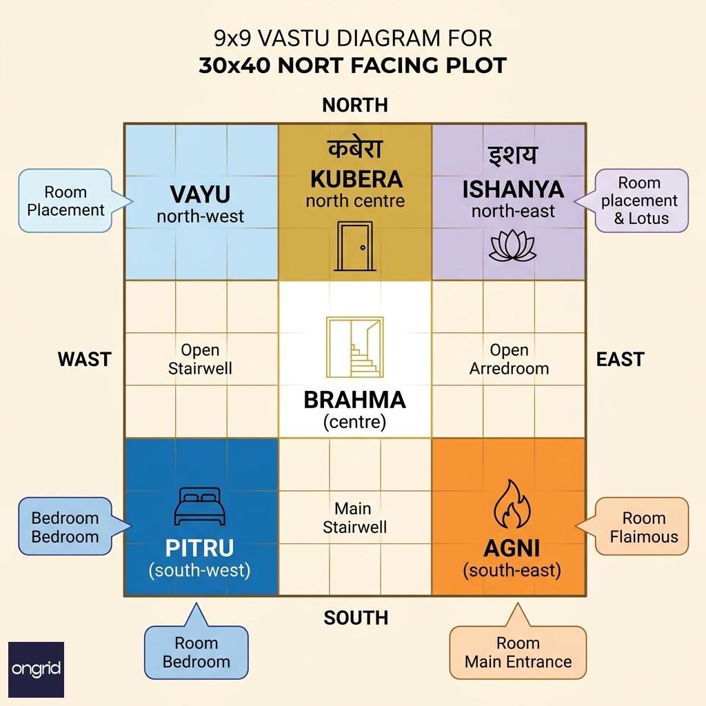 Vastu Purush Mandala 9x9 grid overlay on a 30x40 north facing plot showing energy zones and room placement logic consistent across all four floors