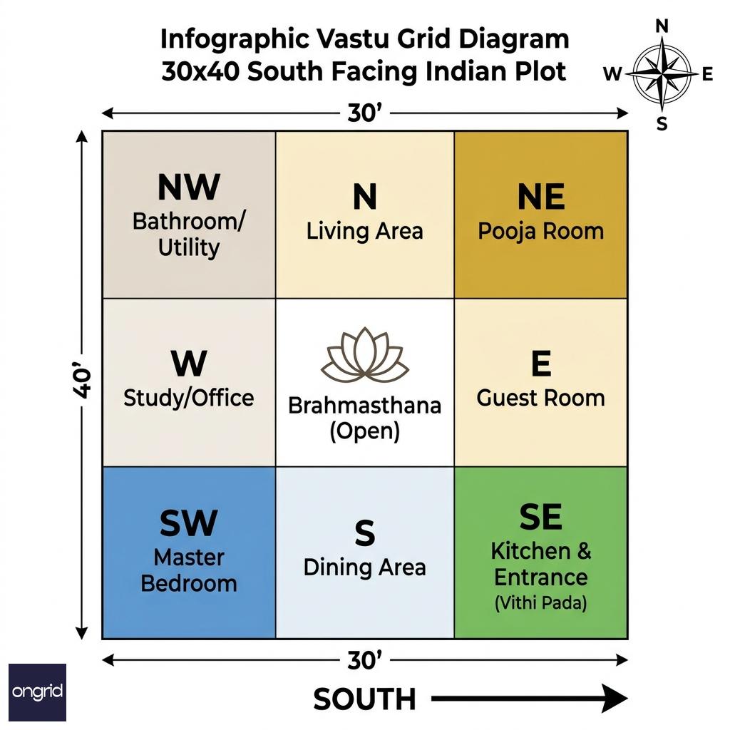 Vastu grid overlay on a 30x40 south facing plot showing SE entrance, NE pooja, SW master bedroom, SE kitchen and NW bathroom zones