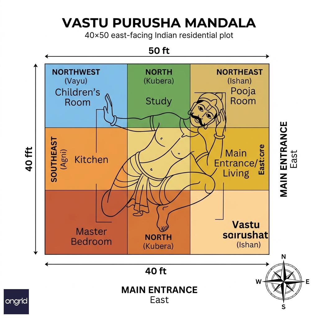Vastu zone grid overlaid on a 40x50 east-facing plot