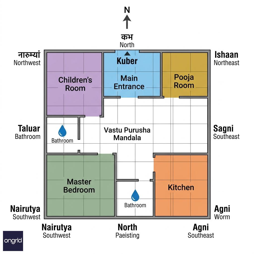 Vastu Purusha Mandala grid on a 40x50 north-facing plot with colour-coded zones for kitchen SE, master bedroom SW, pooja NE, entrance N, children's room NW