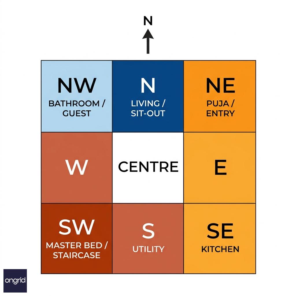 Vastu energy grid overlay for north-facing 40x50 plot — zone-wise placement for G+1
