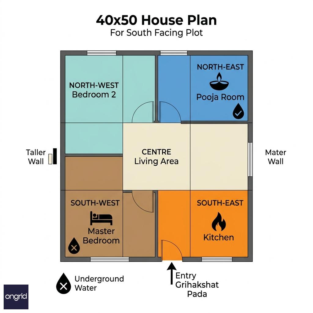 Vastu zone grid overlaid on a 40x50 south-facing floor plan showing colour-coded positions for master bedroom, kitchen, pooja room, and entry point