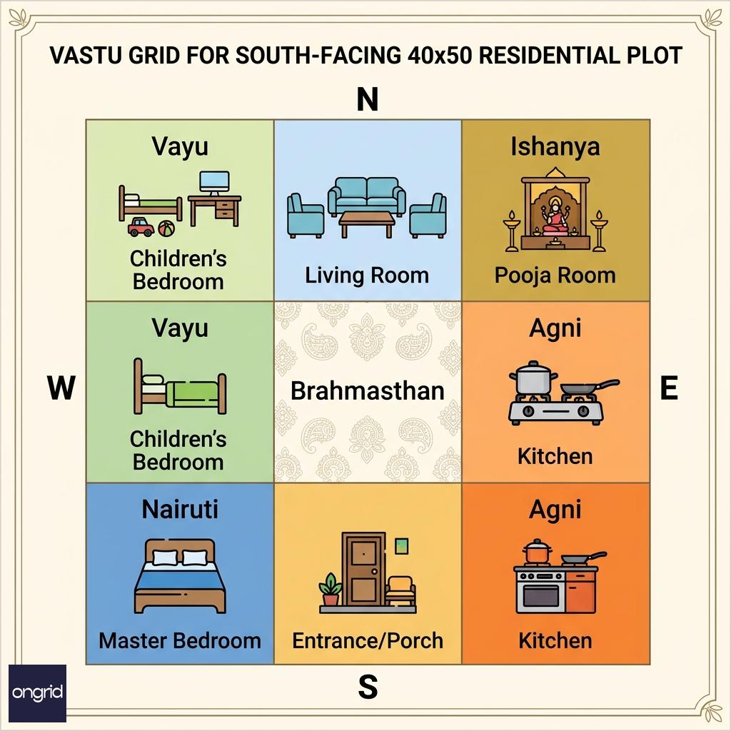 Vastu zone grid for south-facing 40x50 G+1 home showing entrance, kitchen, master bedroom, and pooja placements