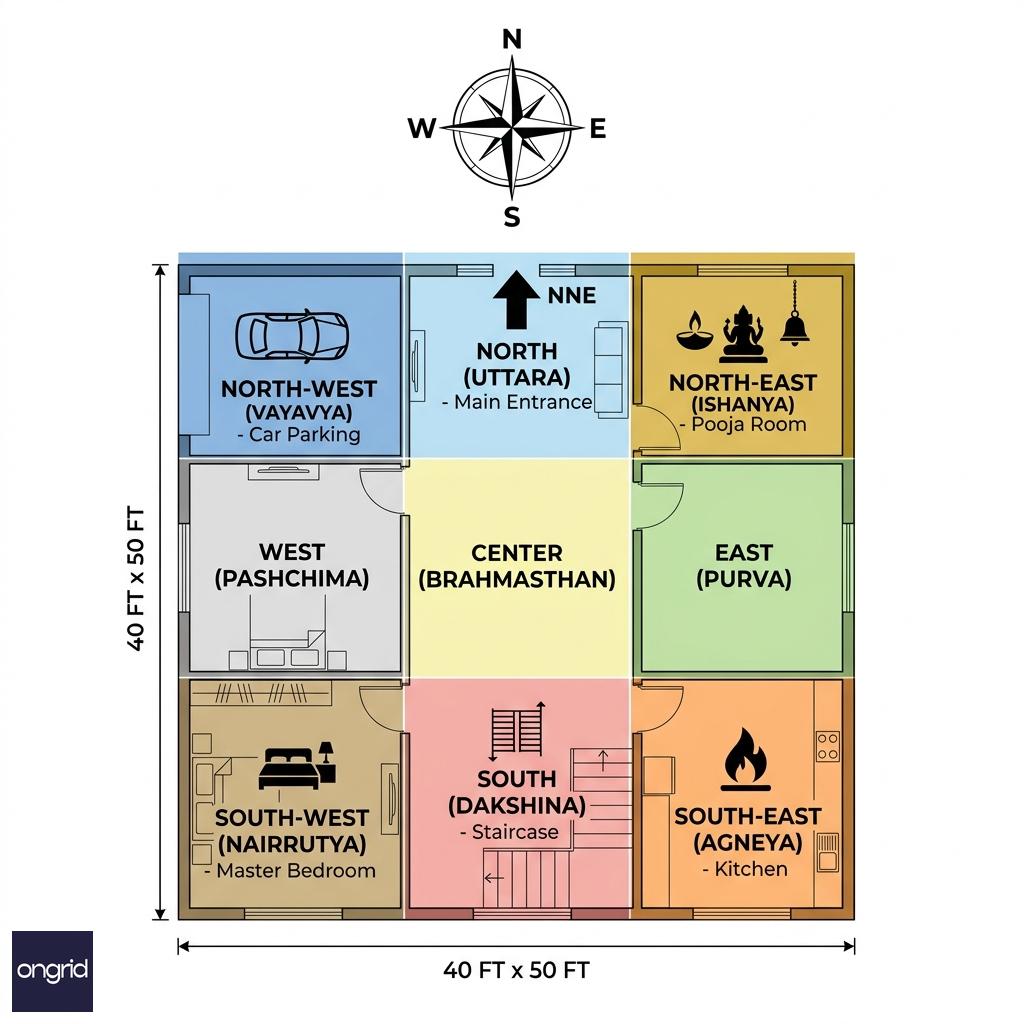 Vastu zone grid overlaid on a 40x50 north-facing plot showing correct placements for entry, pooja, kitchen, master bedroom and parking across G+3 floors
