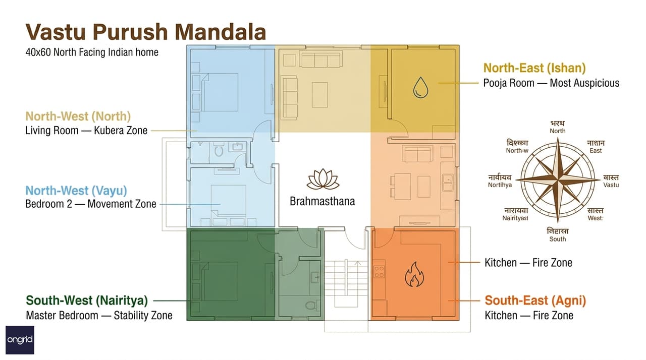 Vastu Purush Mandala grid overlay on a 40x60 north-facing ground floor plan showing zone-to-room alignment across all eight directions