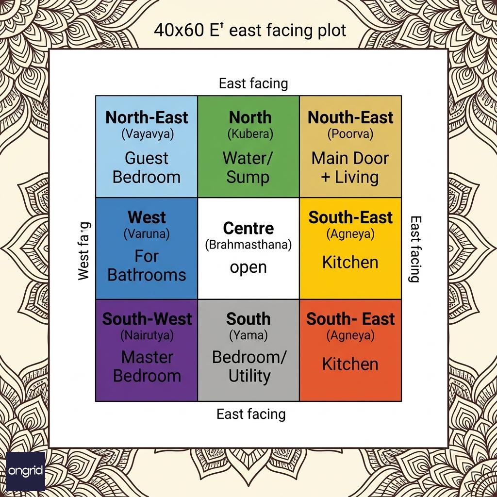 Vastu compliance overlay grid for a 40x60 east facing G+1 home, showing directional zones colour-coded by element, with NE compound and pooja, SE kitchen, SW master, and NW bedroom placement confirmed as correct