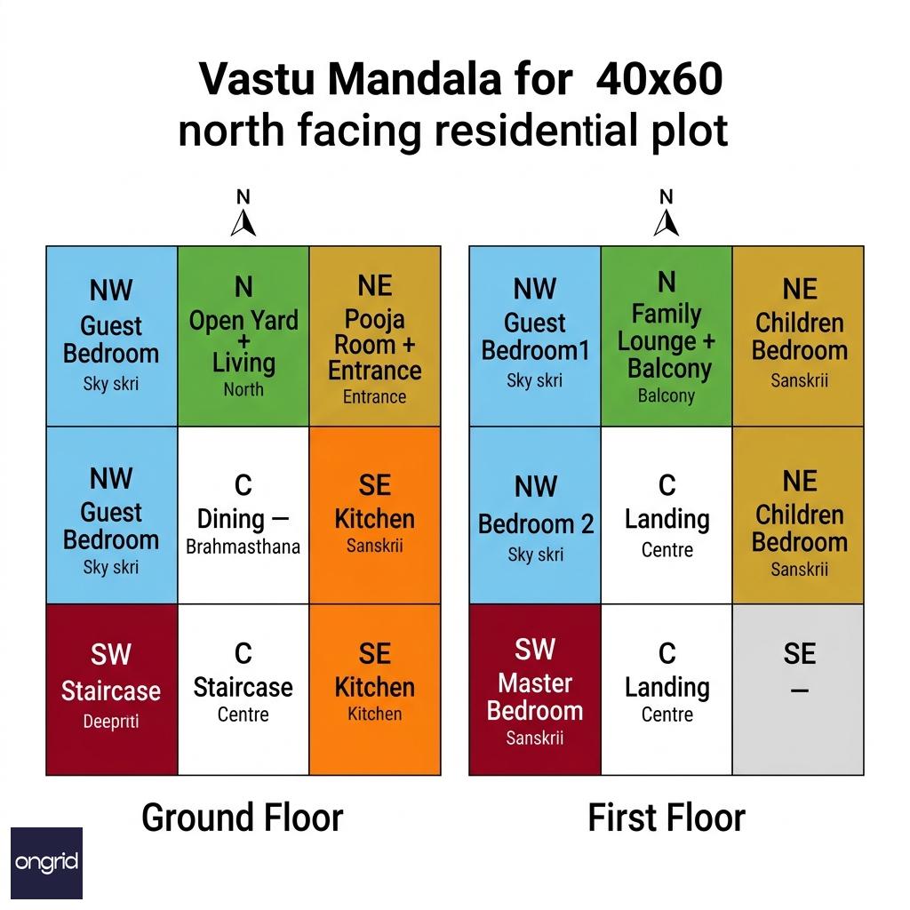 Vastu mandala grid overlay for 40x60 north facing G+1 plot with zone assignments