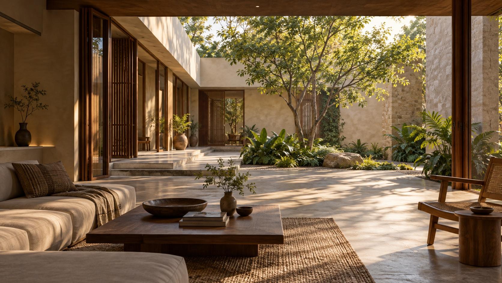 AI-generated concept of a contemporary courtyard home with warm stone, timber screens and a sunlit garden.