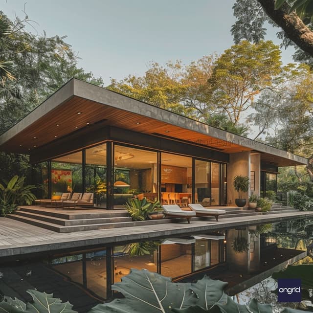 Reflective Elegance: Single Floor Home Design with Angled Roof