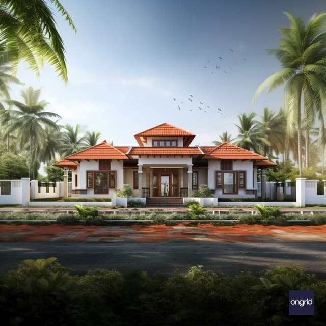 Indian Single-Floor Elevation: Red Tile Roofline and Stucco Facades