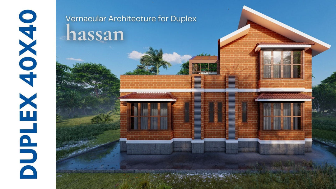 A beautiful vernacular style duplex with sloping roofs, large verandahs and natural stones, built by Ongrid Design's Advance Plus product