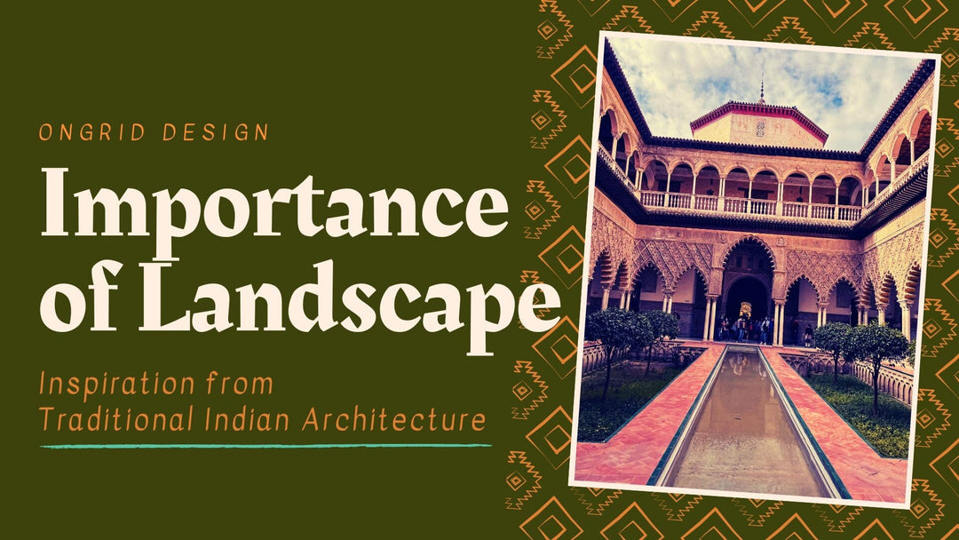 A traditional Indian home with a beautifully landscaped courtyard, featuring a pond and greenery, showcasing the importance of landscaping in traditional Indian home design
