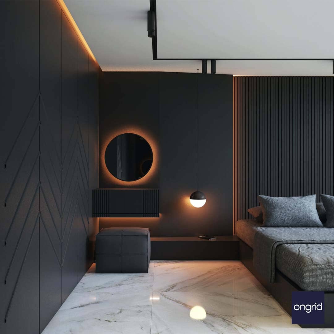 Industrial Chic Bedroom Design | 14' x 13' ongrid.design 