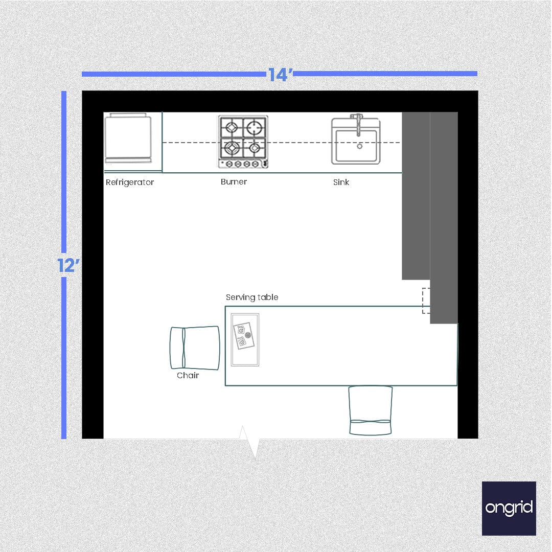 14x12 Small Open Plan Blue Kitchen ongrid.design 