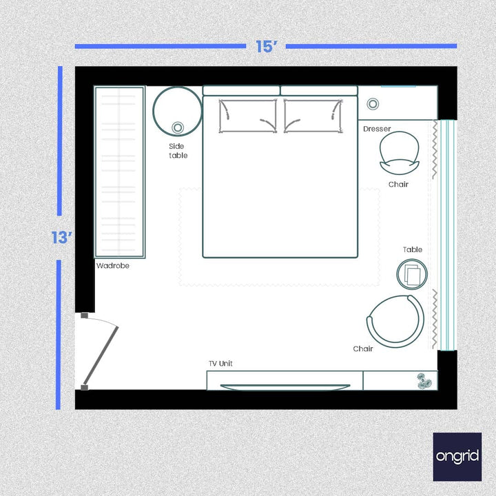 Glamorous Bedroom Design | 15' x 13' ongrid.design 