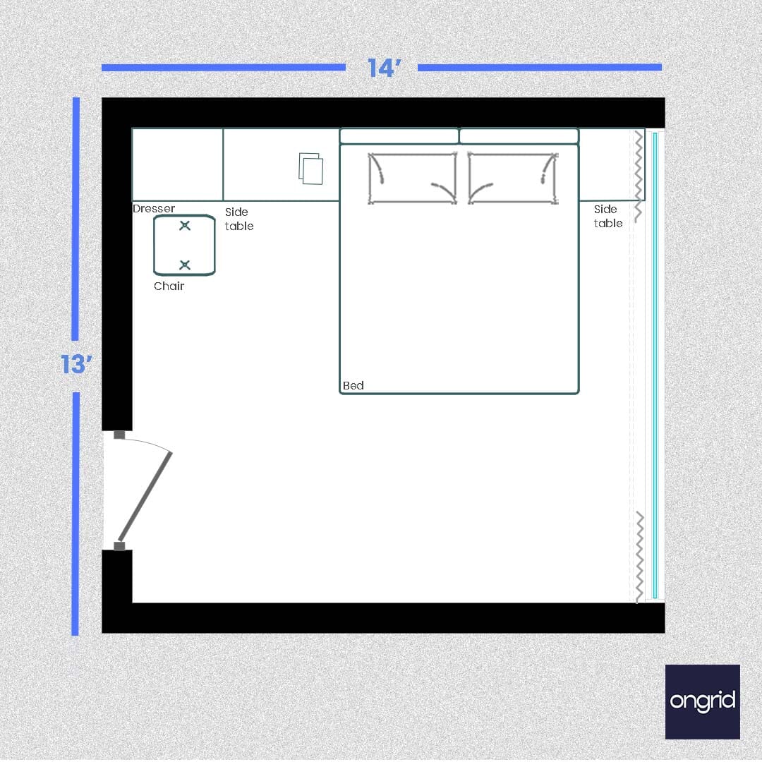 Industrial Chic Bedroom Design | 14' x 13' ongrid.design 