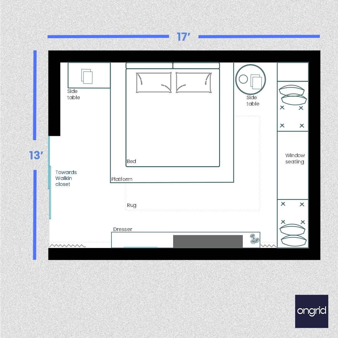 Farmhouse-Style Bedroom Design | 17' x 13' ongrid.design 