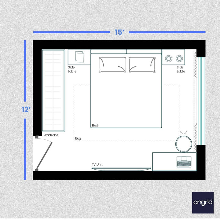 Contemporary Indian Bedroom Design | 15' x 12' ongrid.design 