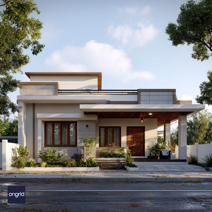 Modern house with a flat roof and wooden accents, surrounded by trees and greenery.