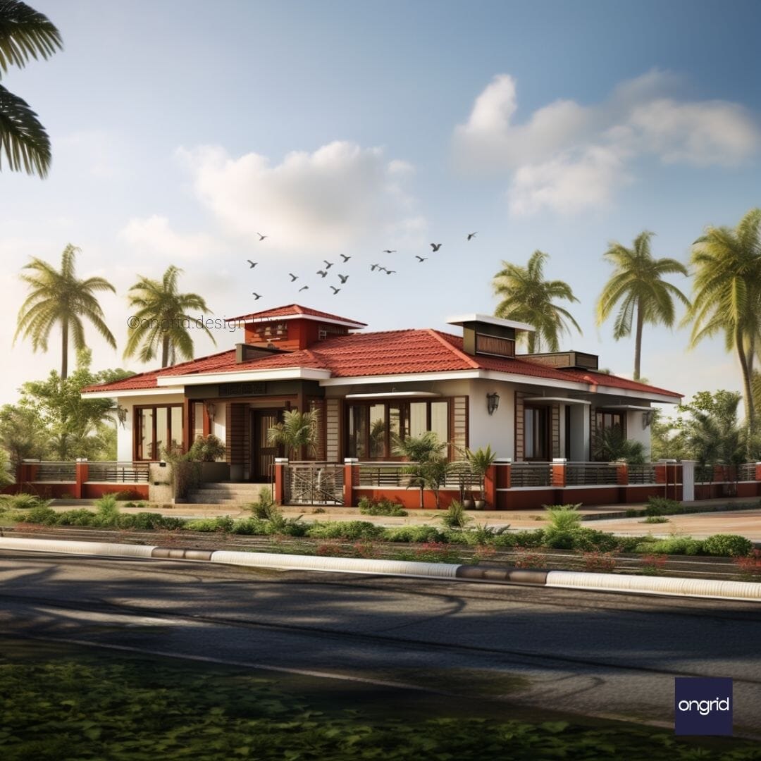 Bungalow-Style Single-Floor Home Elevation – Ongrid Design