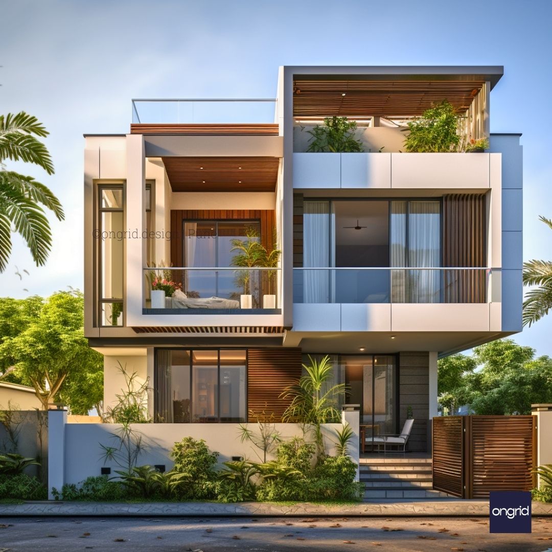 Duplex Front Elevation Design with Large Windows – Ongrid Design