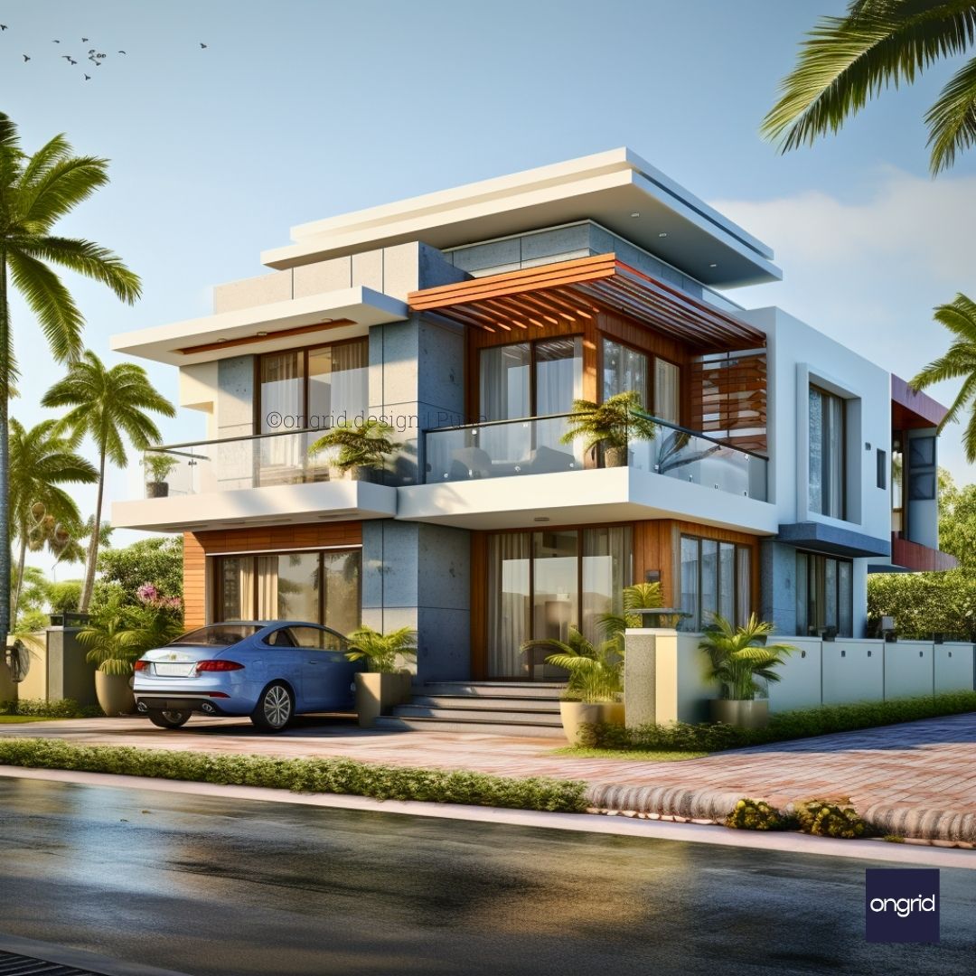 Modern Duplex with Wooden Balcony Elevation – Ongrid Design