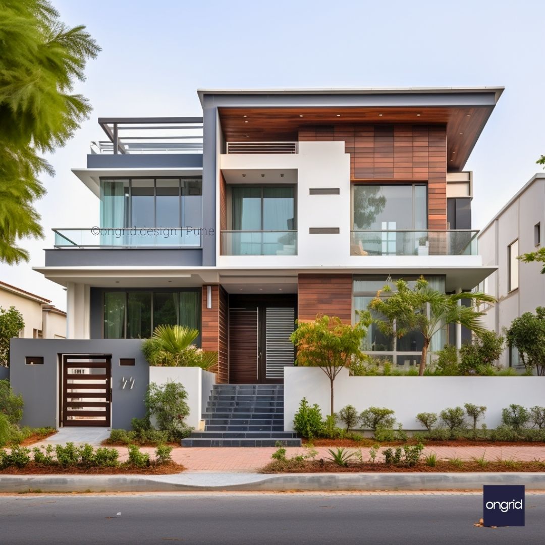 Duplex with Glass Railing Balcony Elevation – Ongrid Design